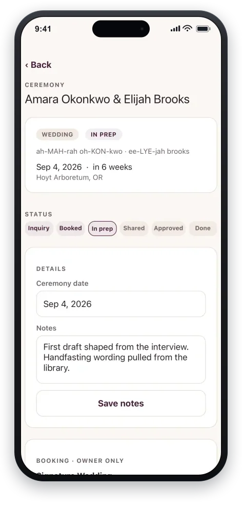 A wedding's detail on a phone: the couple's names with a phonetic pronunciation line beneath, a kind chip and a status pill, the status rail, and the interview segment showing a completed questionnaire with the officiant's own pinned notes.