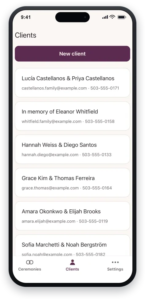The clients tab on a phone: the roster of couples and families a practice serves, each with a pronunciation line for their names — the book behind a working practice.