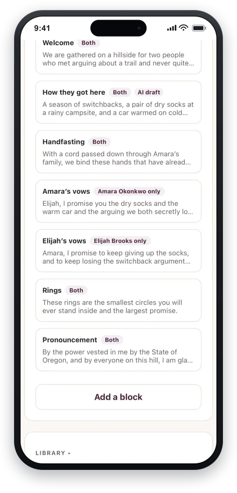 The script studio on a phone: ordered ceremony blocks, each tagged with who may read it — both partners, one partner only, or officiant-only — and an unconfirmed love-story block marked “Unreviewed draft”, waiting for the officiant to accept it before it counts.