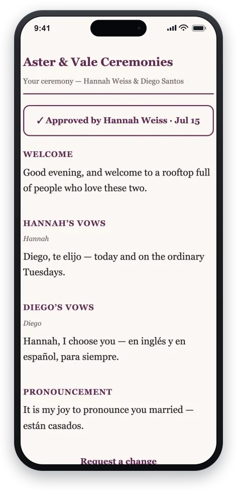 A couple's login-free script page on a phone, carrying the practice's own brand and name throughout: the approved ceremony with an approval line, the welcome, each partner's vows, and the pronouncement.