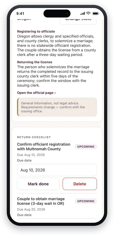 A ceremony's license tasks on a phone: dated checklist rows with a due-date task and a completed one, above a plain note that the checklist is informational and to confirm the details with the county clerk.