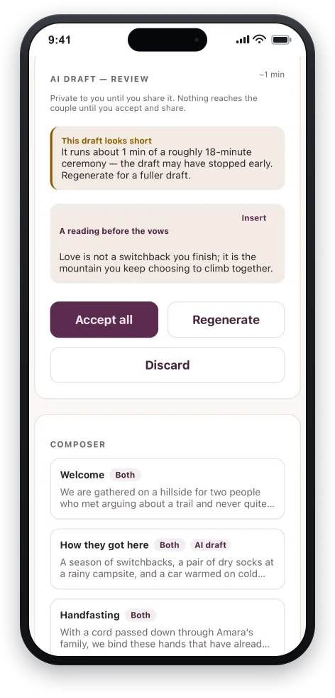 The review queue on a phone: a ready drafted reading block awaiting Accept, its fields populated and editable, clearly labeled as an unreviewed draft, waiting for the officiant's Accept.
