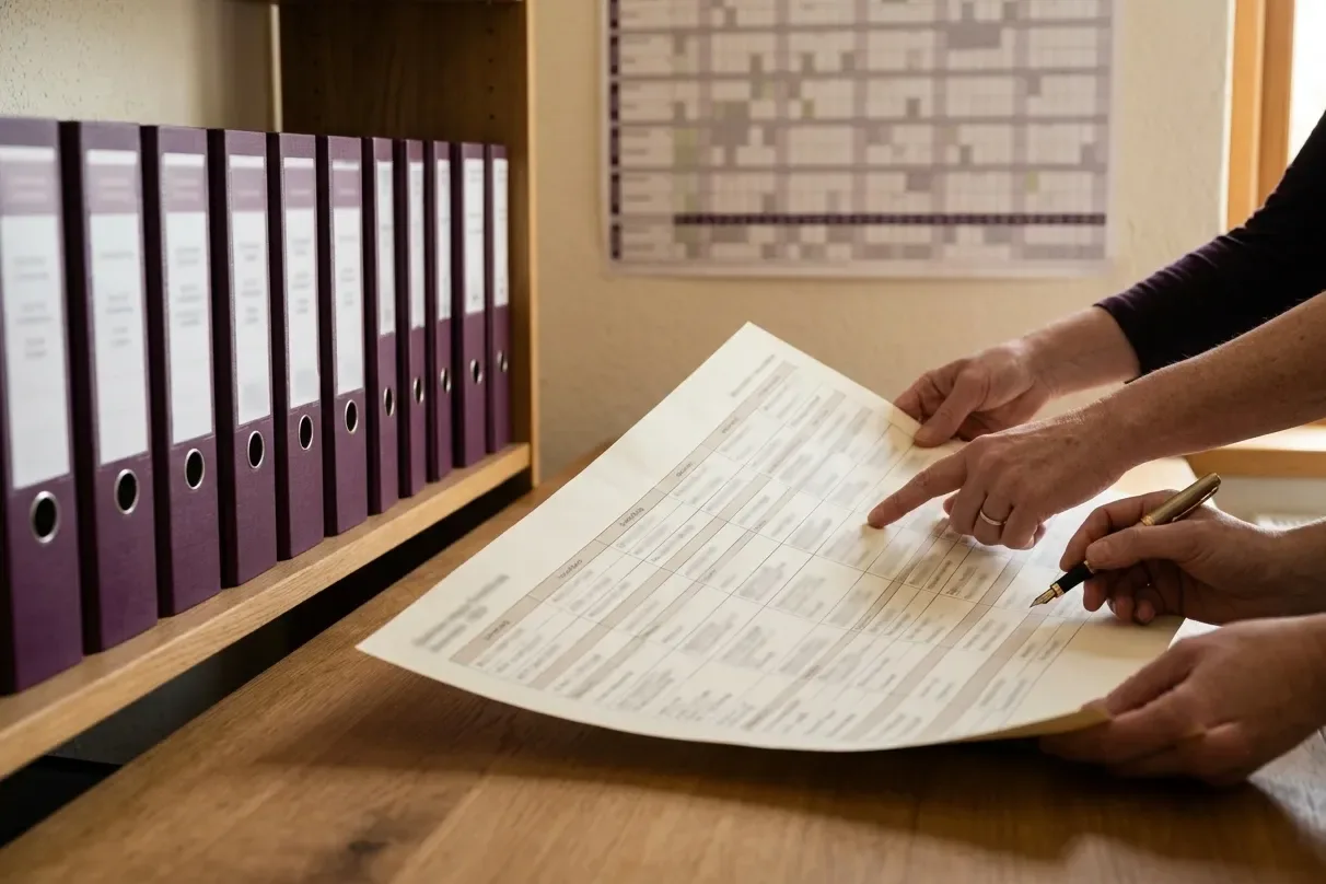 Two people lean over a printed roster at a shelf of plum ring binders, one pointing to a row while the other holds a fountain pen, a wall year-planner behind them.