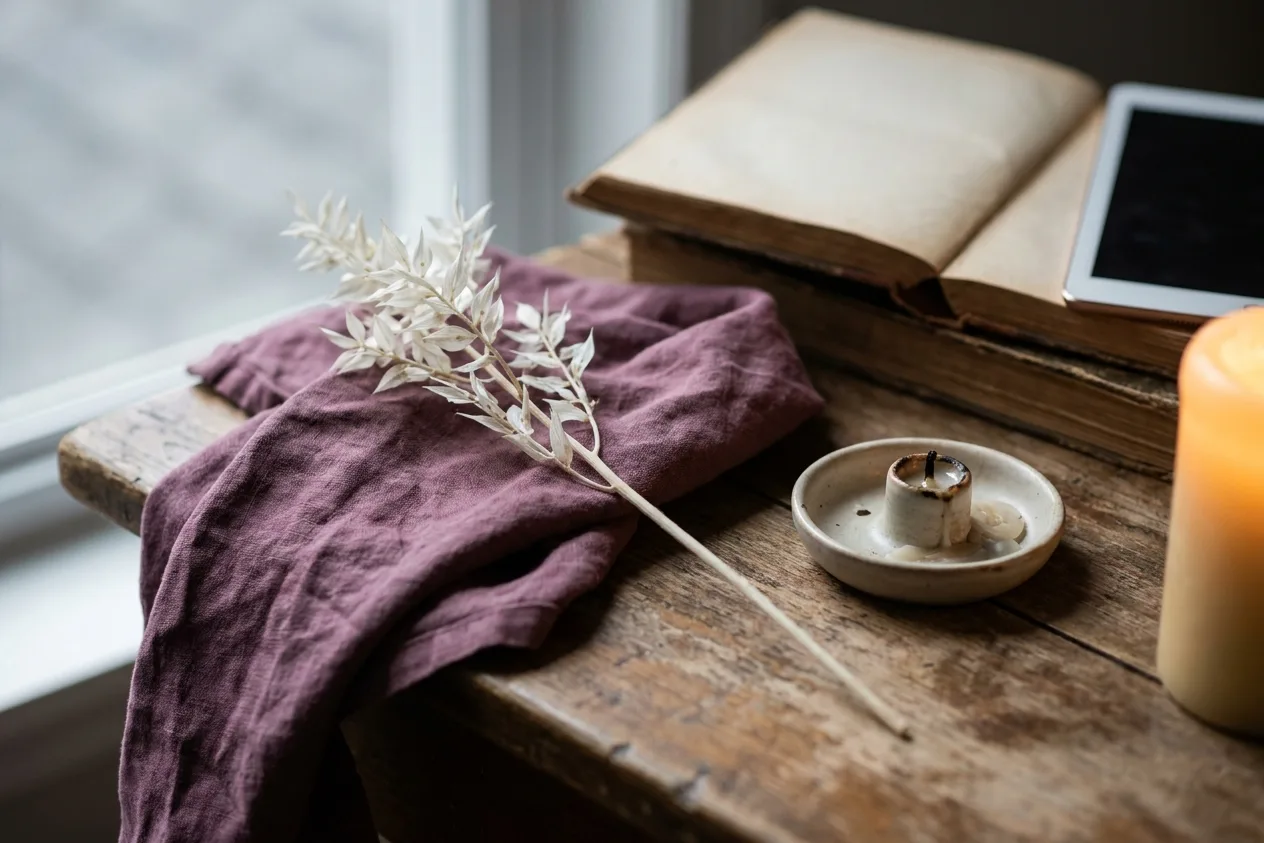 A white dried stem laid across a folded plum cloth on a weathered windowsill beside a spent candle in a dish and an open book.