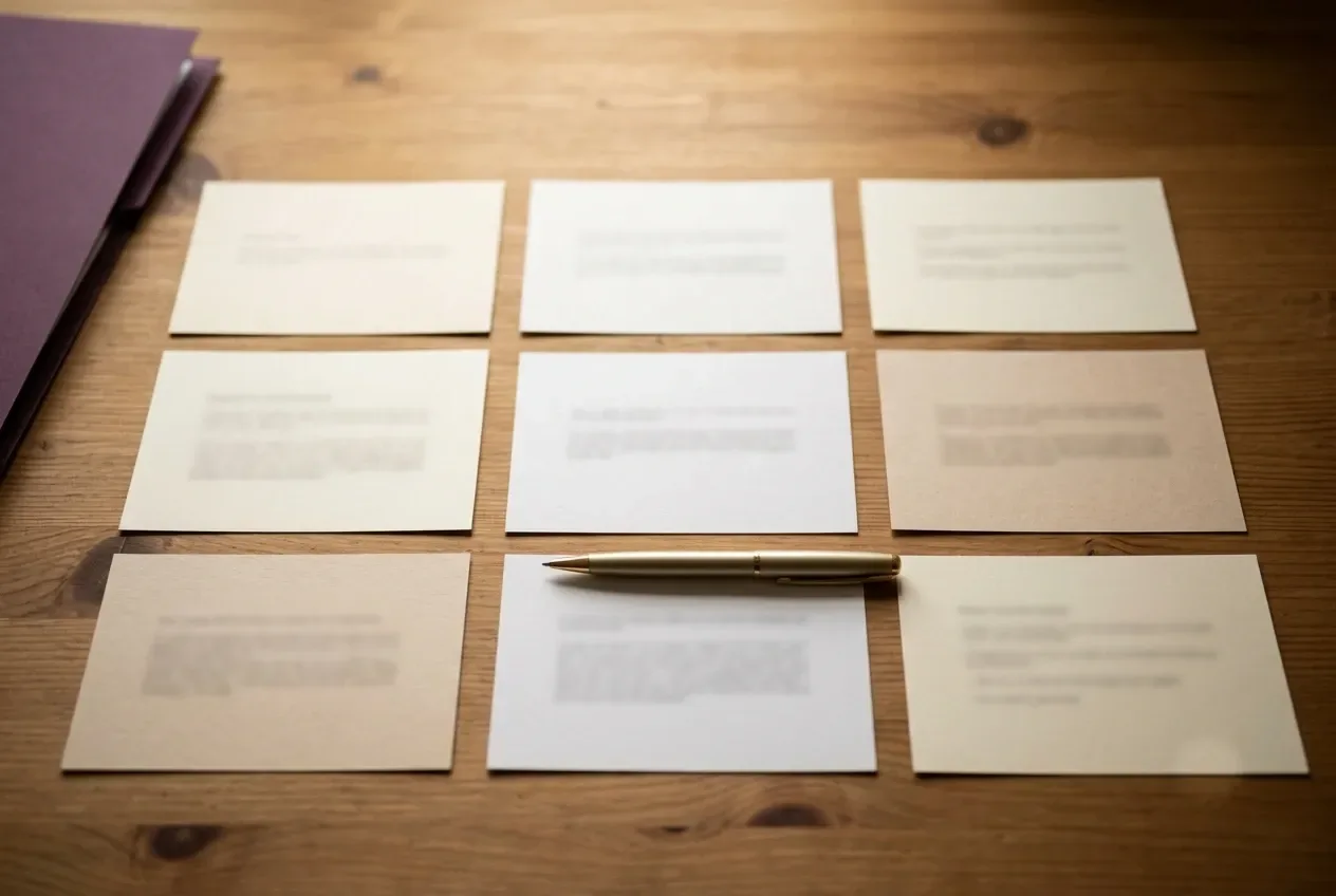 Nine small printed cards laid out in a three-by-three grid on a wooden table, a gold pen resting across the center card and a plum notebook at the top corner.