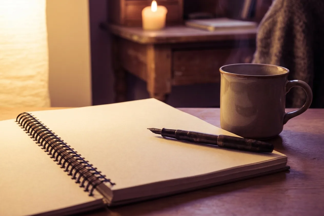 An open spiral notebook with blank pages and a fountain pen laid across it on a wooden table, a mug beside it and a candle in the room behind.