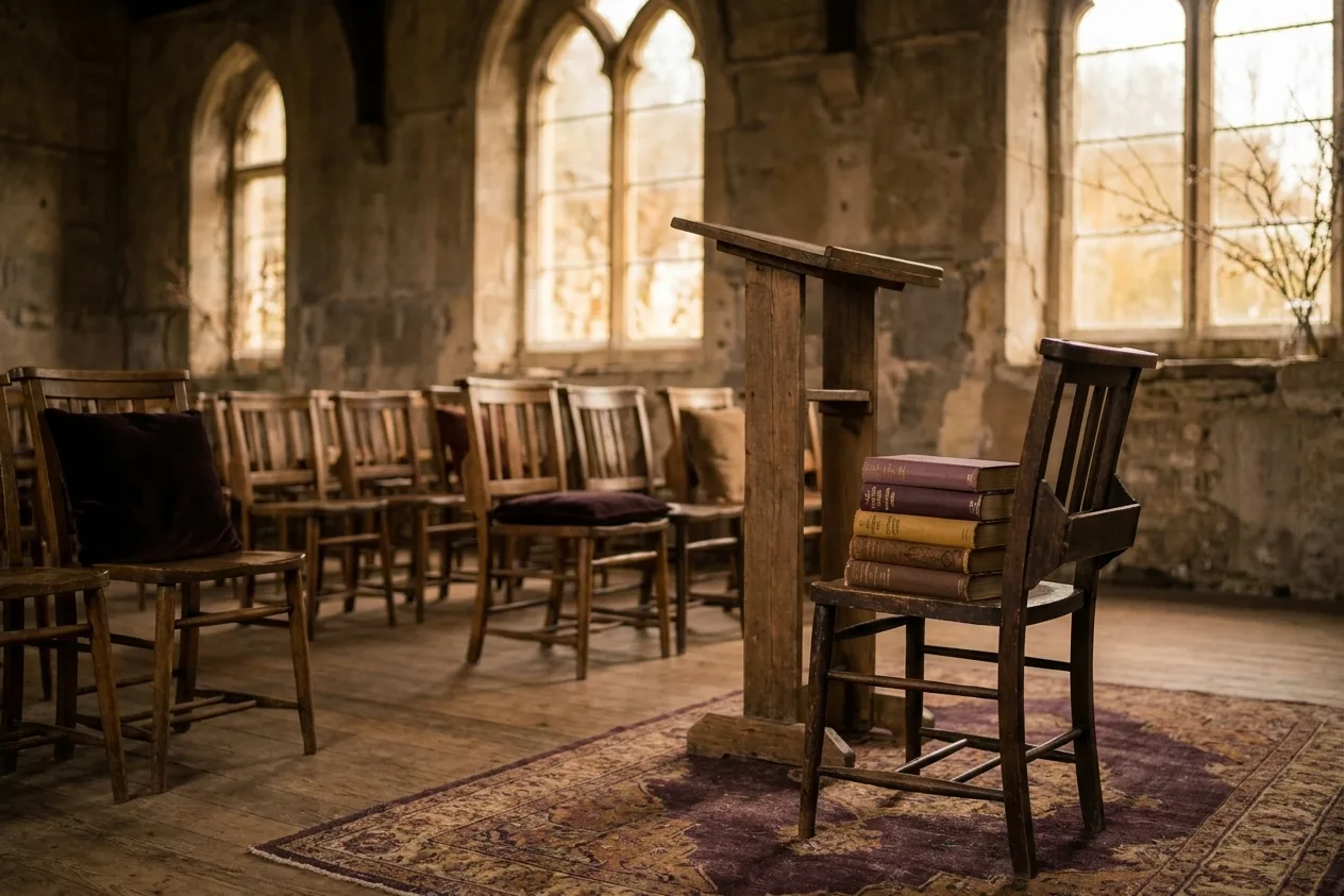 A warm ceremony corner with a stack of cloth-bound books on a wooden chair beside a lectern, chairs in rows behind.