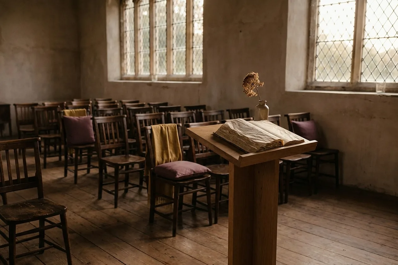 A ceremony room with chairs in rows and a plain lectern holding an open book, its pages soft and out of plane, one stem beside it.