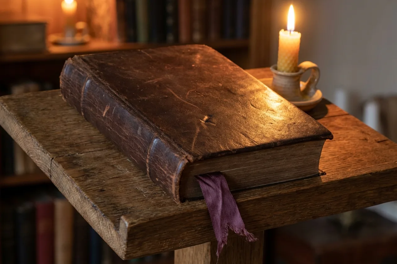 A heavy leather book closed on a wooden lectern with a plum ribbon marker hanging from its pages and a candle alight beside it.