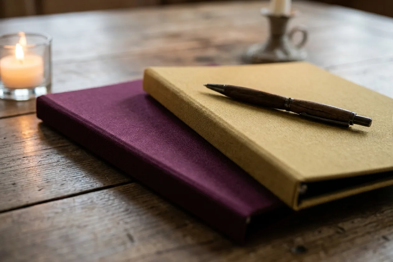 Two cloth-bound folders, one plum and one gold, stacked on a wooden table with a single wooden pen laid across the top one beside a candle.