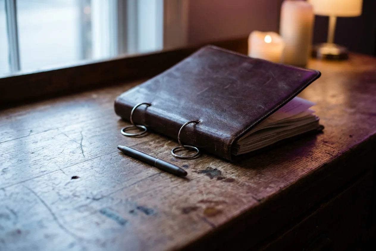 A worn leather ring binder lying closed on a scuffed wooden counter beside a slim pen, cool daylight from a window and a candle behind.