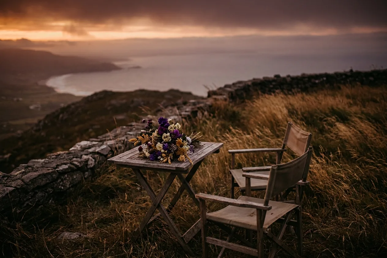 An empty cliff-top overlook at sunrise with a small wooden table, a bouquet laid on it and two folding chairs in the wind.