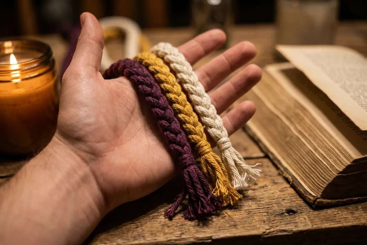 Three braided cords in plum, gold and cream with frayed ends, draped across an open palm on a worn wooden table beside a lit candle and an open book.