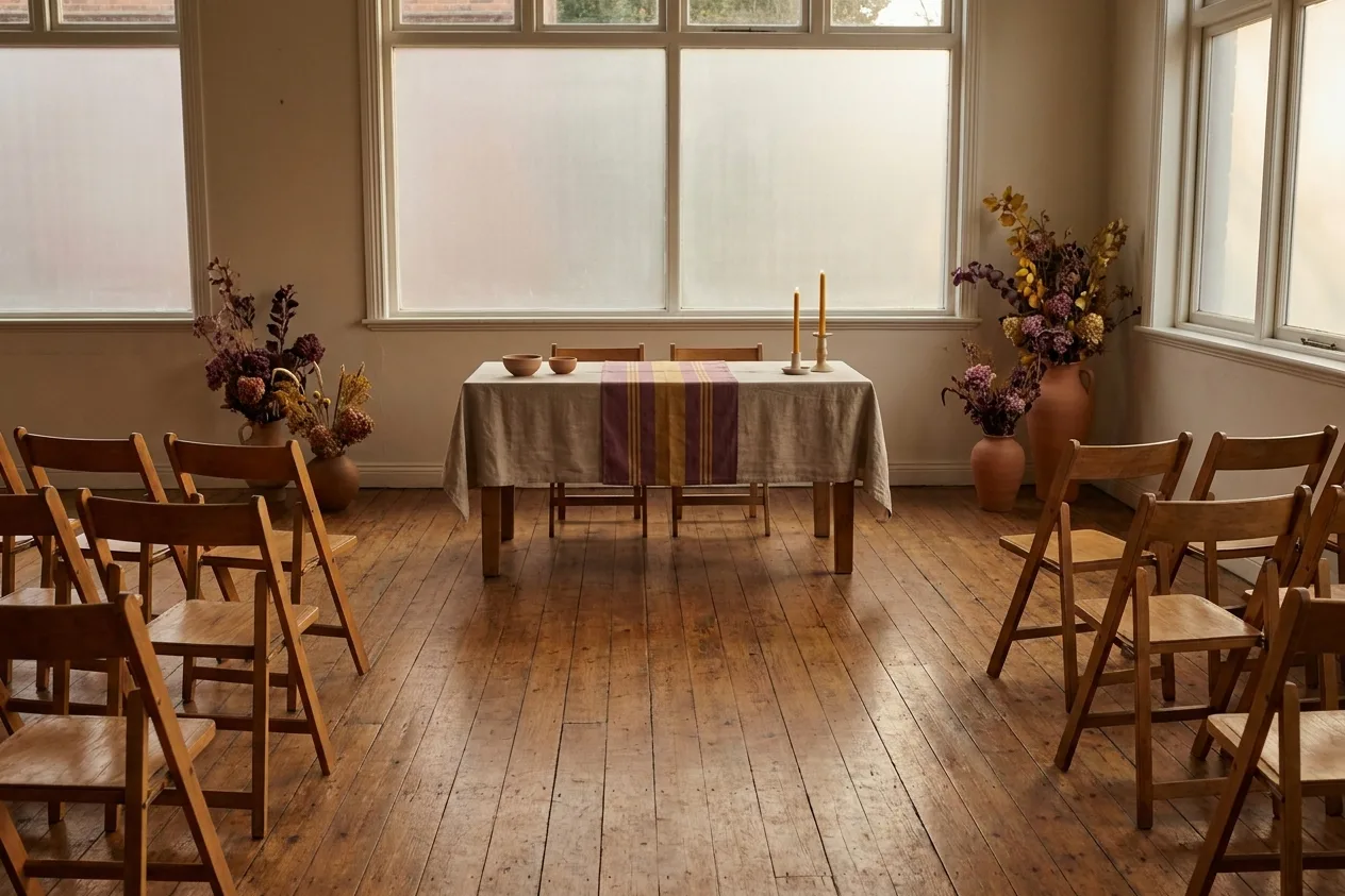 A neutral ceremony hall with chairs in rows facing a plain table holding two unlit candles of different heights and two small vessels.