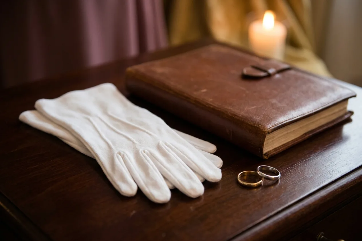 A pair of folded white dress gloves beside a closed leather book and two gold rings on a dark polished table, a candle burning behind.