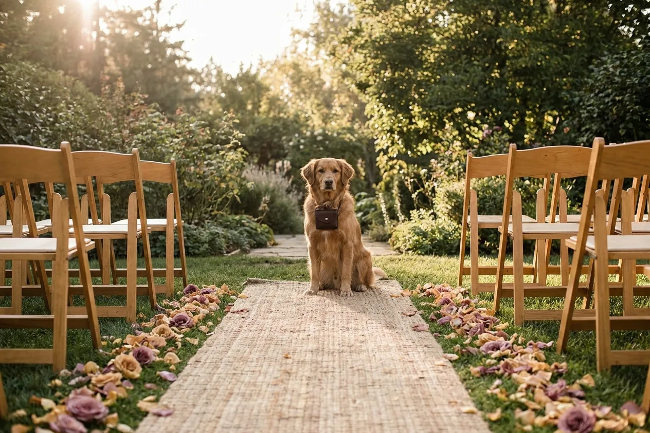 A garden aisle before guests arrive with a calm dog sitting at the head of the runner, a small pouch on its collar and chairs in rows behind.