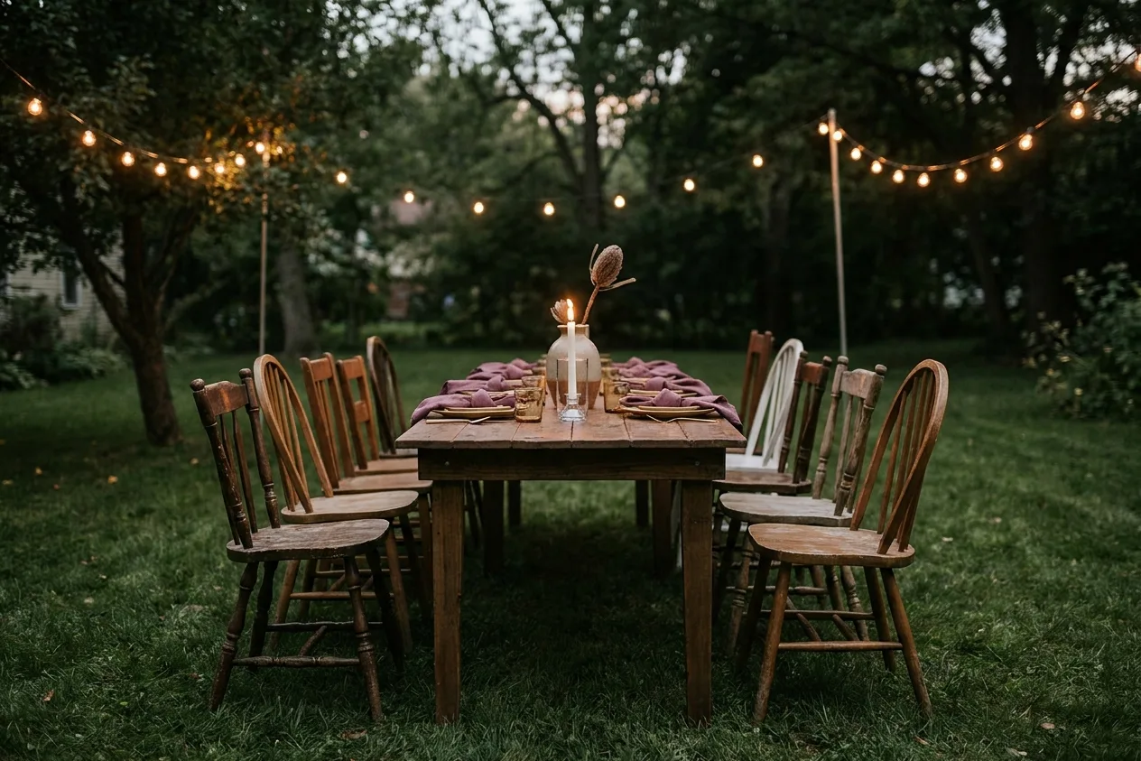 A backyard set for a small evening gathering, a dozen mismatched wooden chairs on a lawn and a table with a candle and one stem.