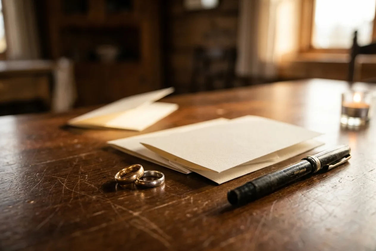 Two rings, a small stack of plain folded cards and a dark fountain pen on a scratched wooden dining table in warm low light.