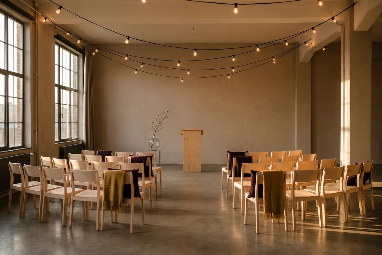 A plain ceremony room at golden hour with pale wood chairs in a loose arc, a simple lectern and one stem in a glass vase.