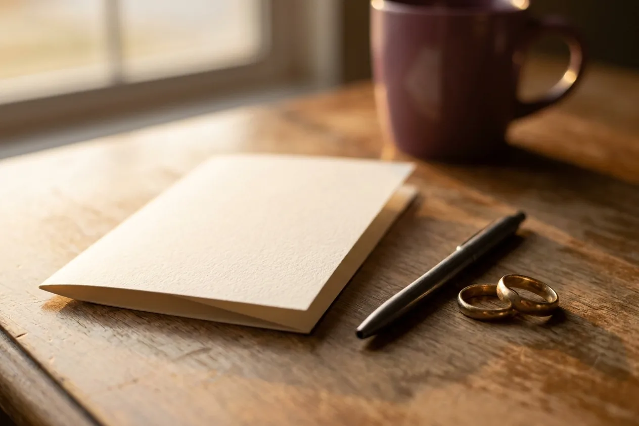 A single blank folded card, a slim dark pen and two gold rings on a wooden table by a window, a mug soft in the background.