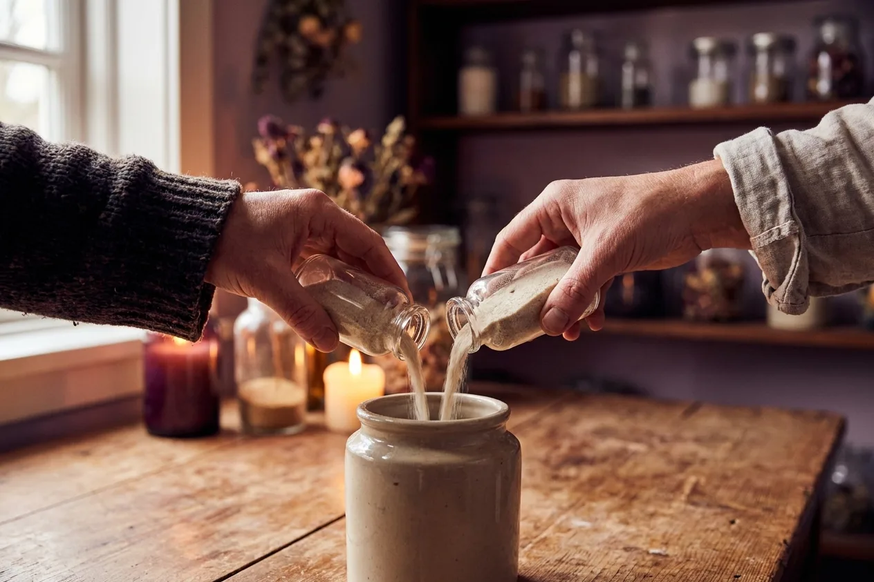Two pairs of hands pouring pale sand from small glass bottles into one stoneware jar on a wooden table, candles and shelves soft behind.