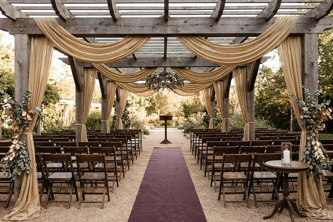 Rows of wooden folding chairs either side of an aisle runner, a plain lectern at the front and a single lit candle on a side table.