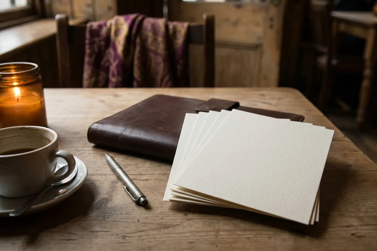 A fanned stack of blank cream cards, a slim pen and a closed leather folio on a cafe table beside a coffee cup and a lit candle.