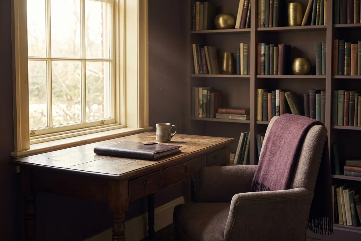 A quiet home study in morning light: a wooden desk by a window, a closed leather folio, a chair pushed back and books behind.