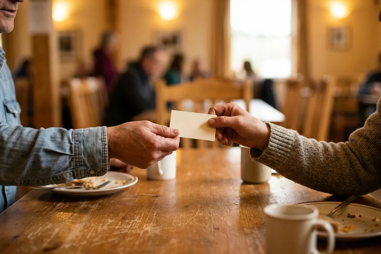 One pair of hands passing a plain card across a cafe table to another pair, cropped at the forearms, mugs and cleared plates around them.