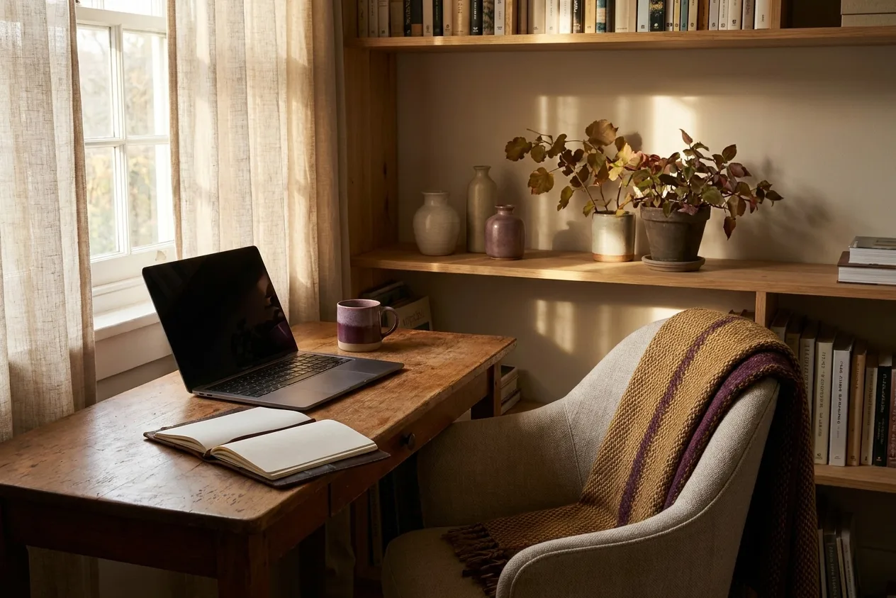 A small home office set up for a working week: a tidy desk by a window, a closed laptop angled away, a leather diary and a mug.