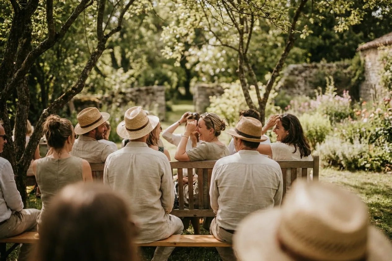 Wedding guests in linen and straw hats seated on garden benches under trees, several of them laughing together, seen mostly from behind.