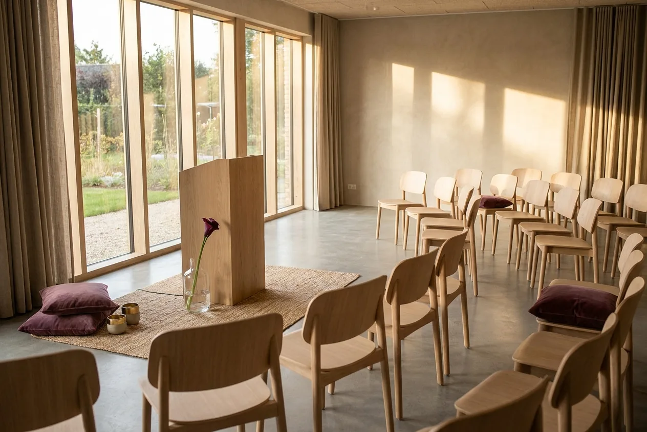 A bright modern ceremony space with pale wood chairs in a loose arc, a plain lectern and a single stem in a glass vase.