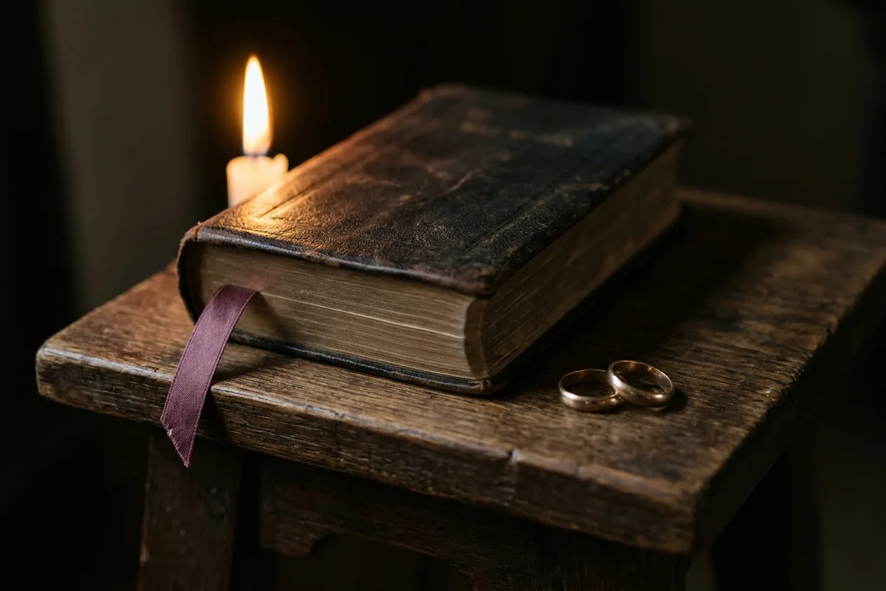 A worn leather book with a plum ribbon marker resting closed on a wooden stand beside two gold rings, a single candle burning behind.
