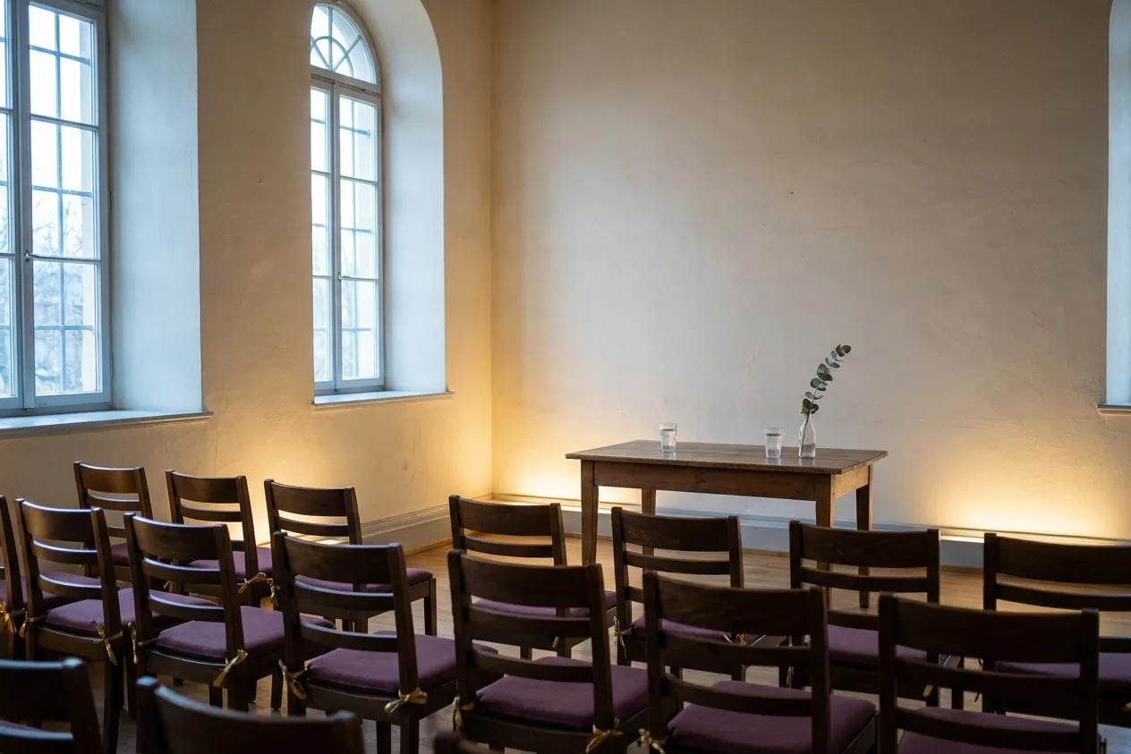 A plain hall set for a civil ceremony with neat rows of chairs, a bare table holding two glasses of water and one stem.
