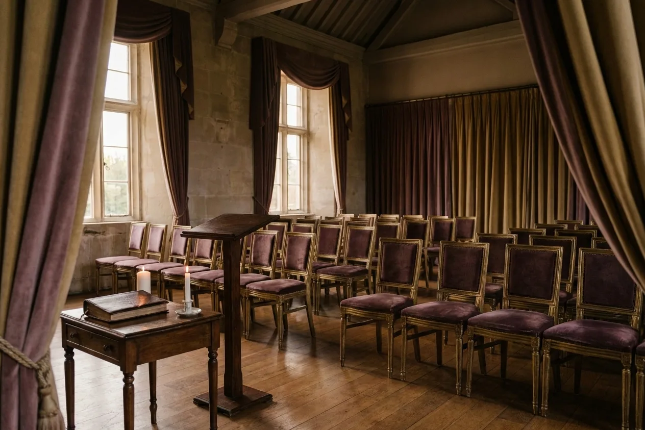 A formal ceremony room with chairs in even rows and a plain lectern, a side table holding a closed leather binder and one lit candle.